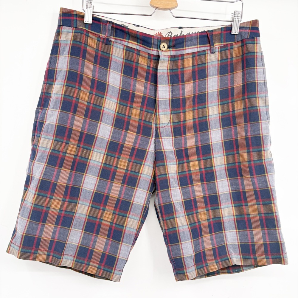 Tommy Bahama Mens Madras Plaid Linen Blend Coastal Island Vacation Shorts 36